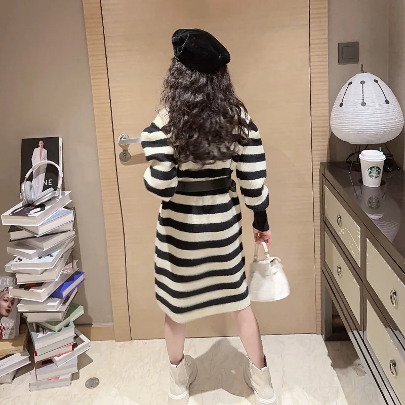 New Fashion Kids Long Knitted Sweater Dress female Girl Striped Knitwear One-piece Dress With Belt Teens Child Casual Streetwear image 4