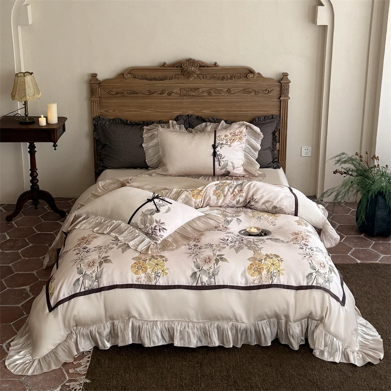 French Vintage Floral Lyocell Ruffle Lace Bedding Set Duvet Cover with Bowknot, Cooling Silk Feel Bed Linen for Queen/King Size