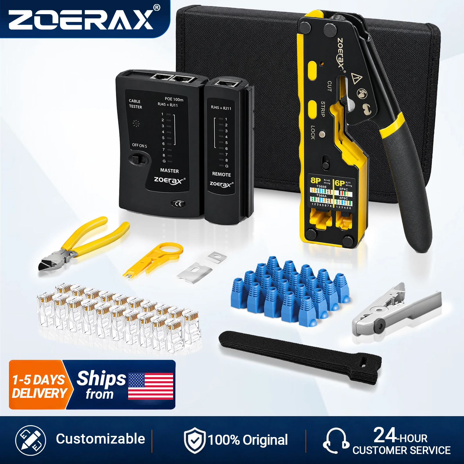 ZoeRax RJ45 Pass Through Crimping Tool Kit CAT6 CAT5e with LAN Cable Tester RJ11 RJ12 Ethernet Network Cable Crimper