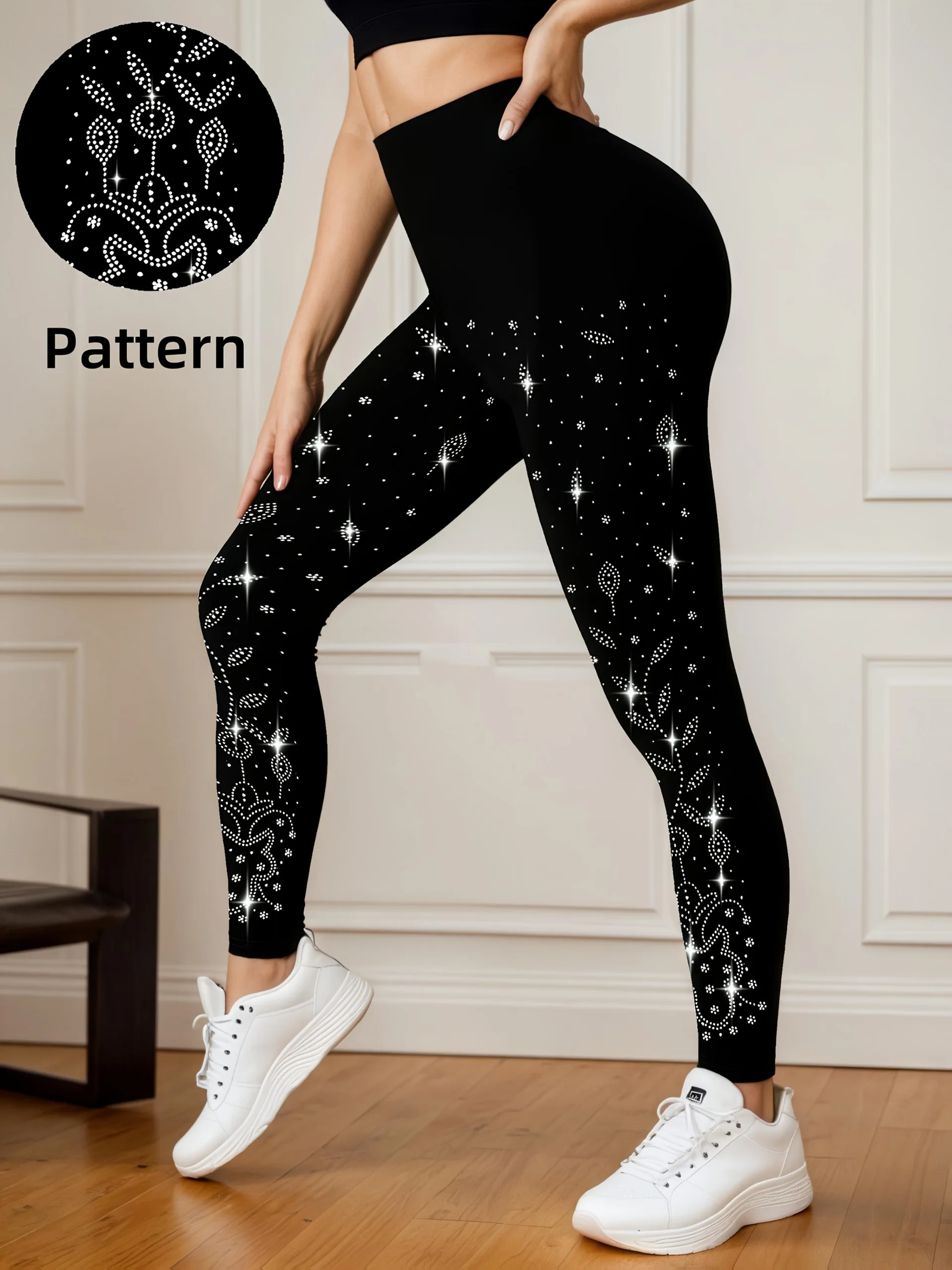 Women Mid‑Rise Fleece Lined Leggings Side Scattered Rhinestone Print Warm Elastic Fitness Casual Pants