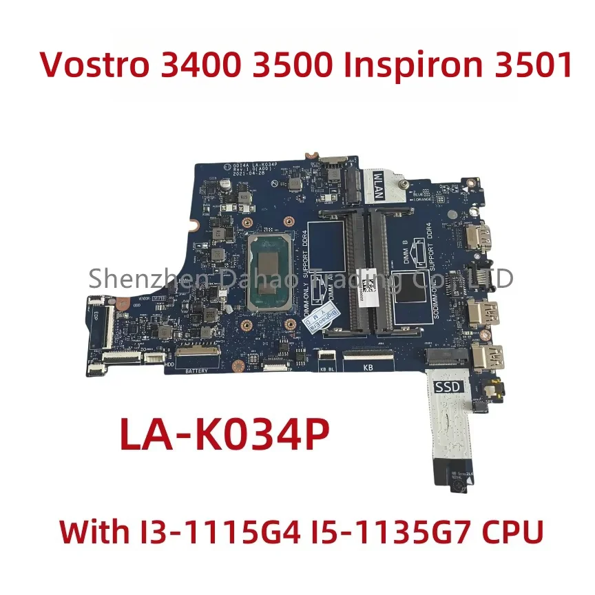 LA-K034P For Dell Vostro 3400 3500 Inspiron 3501 Laptop Motherboard  CN-0PY8NM 0XGX0C With I3-1115G4 I5-1135G7 CPU 100%Test OK