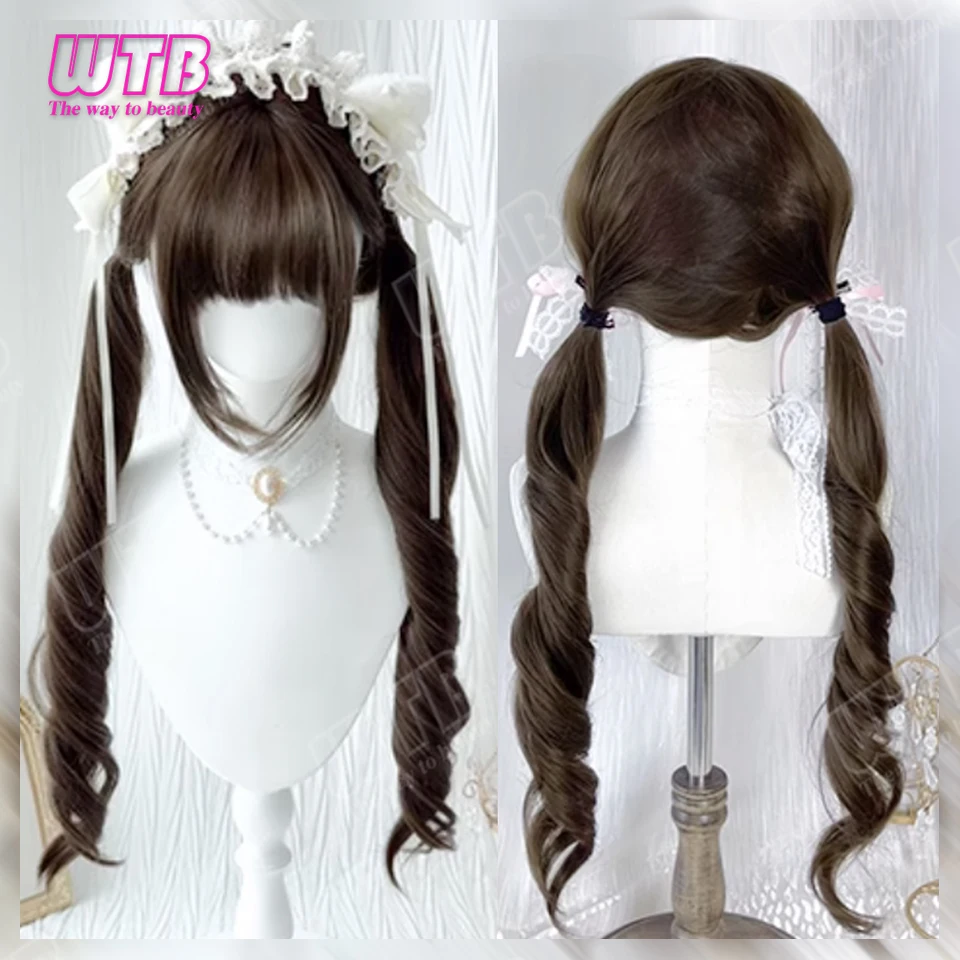Curly Double Ponytail Synthetic Lolita Wig Smooth Long Curly Wig with Bangs Suitable for Women's Daily Wear Holidays and Cosplay