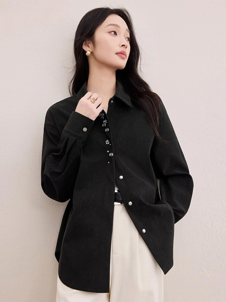 

SENTIBILA Women's Black Shirt Turn-down Collar Long-sleeve Loose-fit Shirt Woman 2025 New Autumn Sequin Flower Tops 153CA3211
