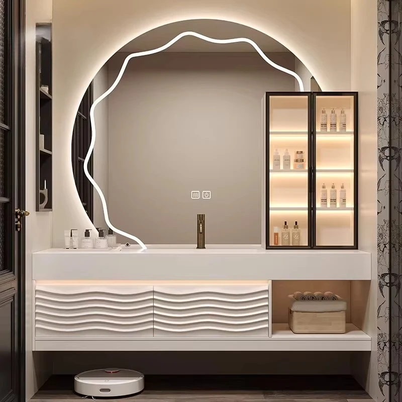 &c The model high-quality luxury bathroom vanity is equipped with a sink and a mirror with LED lighting, featuring a modern