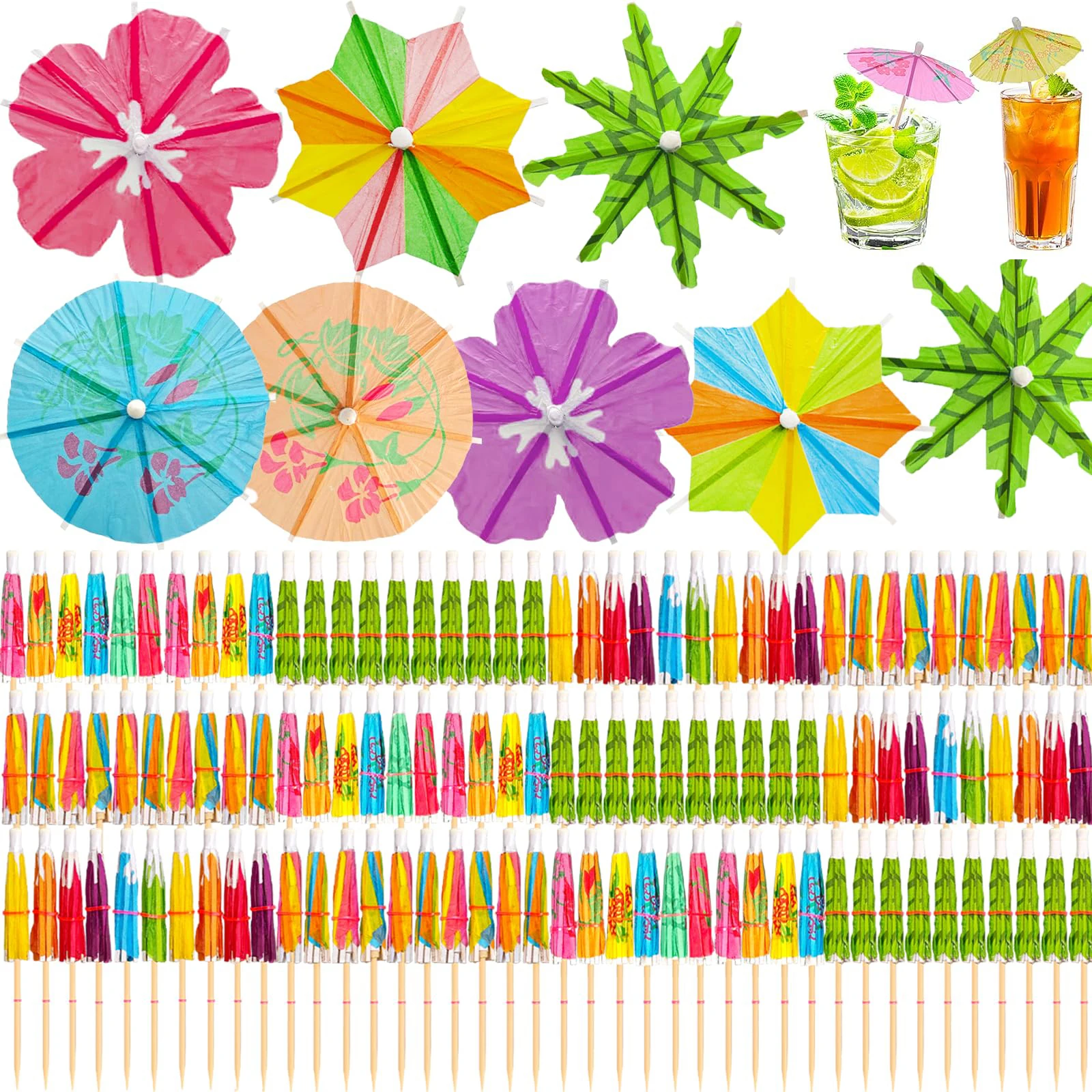 Parasols à Boissons, Pics à Cocktail Assortis, Mini Parasols en Papier Hawaïens pour Fêtes d'Anniversaire Tropicales Estivales