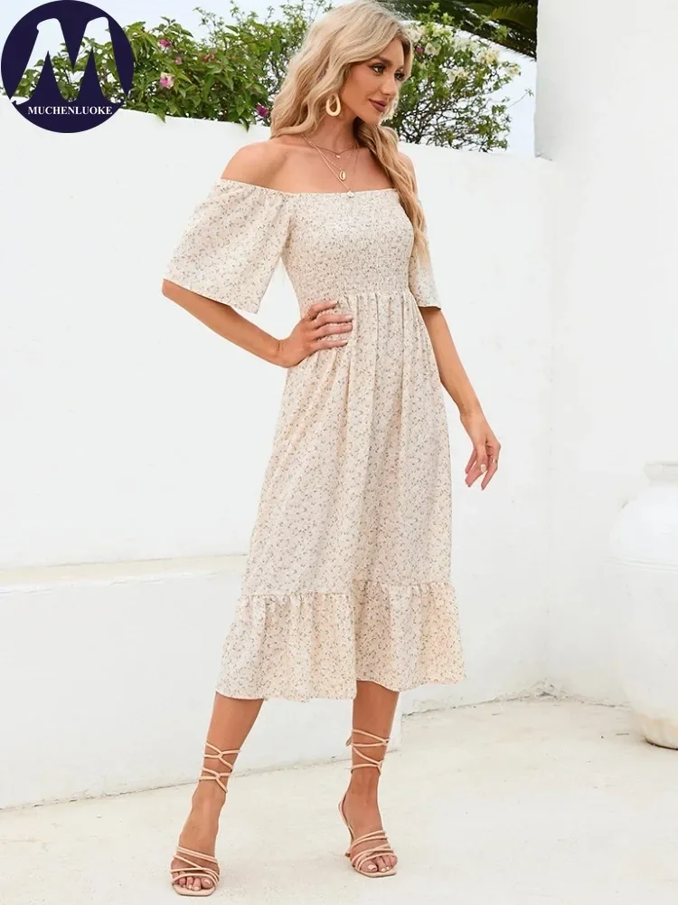

Women's Elegant Square Neck Short Sleeve Dress, Casual Loose Dresses, Large Hem, Summer, New Printing, 2025