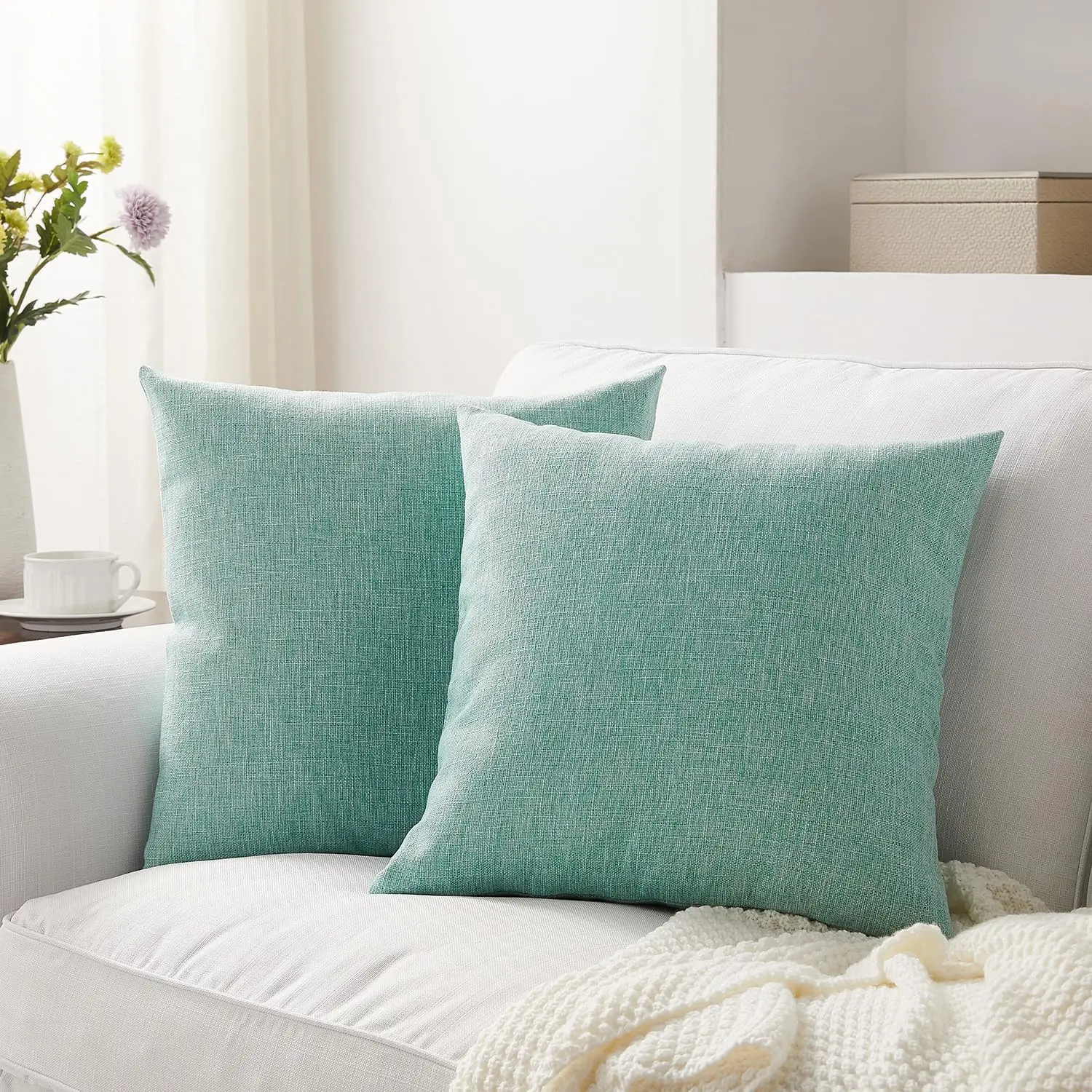 

Set of 2 Turquoise Pillow Covers 18 x 18 Inch Farmhouse Boho Decorative Throw Pillow Covers Linen Cushion Covers for Sofa
