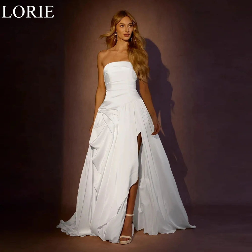 

LORIE Elegant Satin Wedding Dresses Strapless A-Line Draped Side Slit Ruffles Bride Prom Gown 2025 Simple Bridal Gown Customized