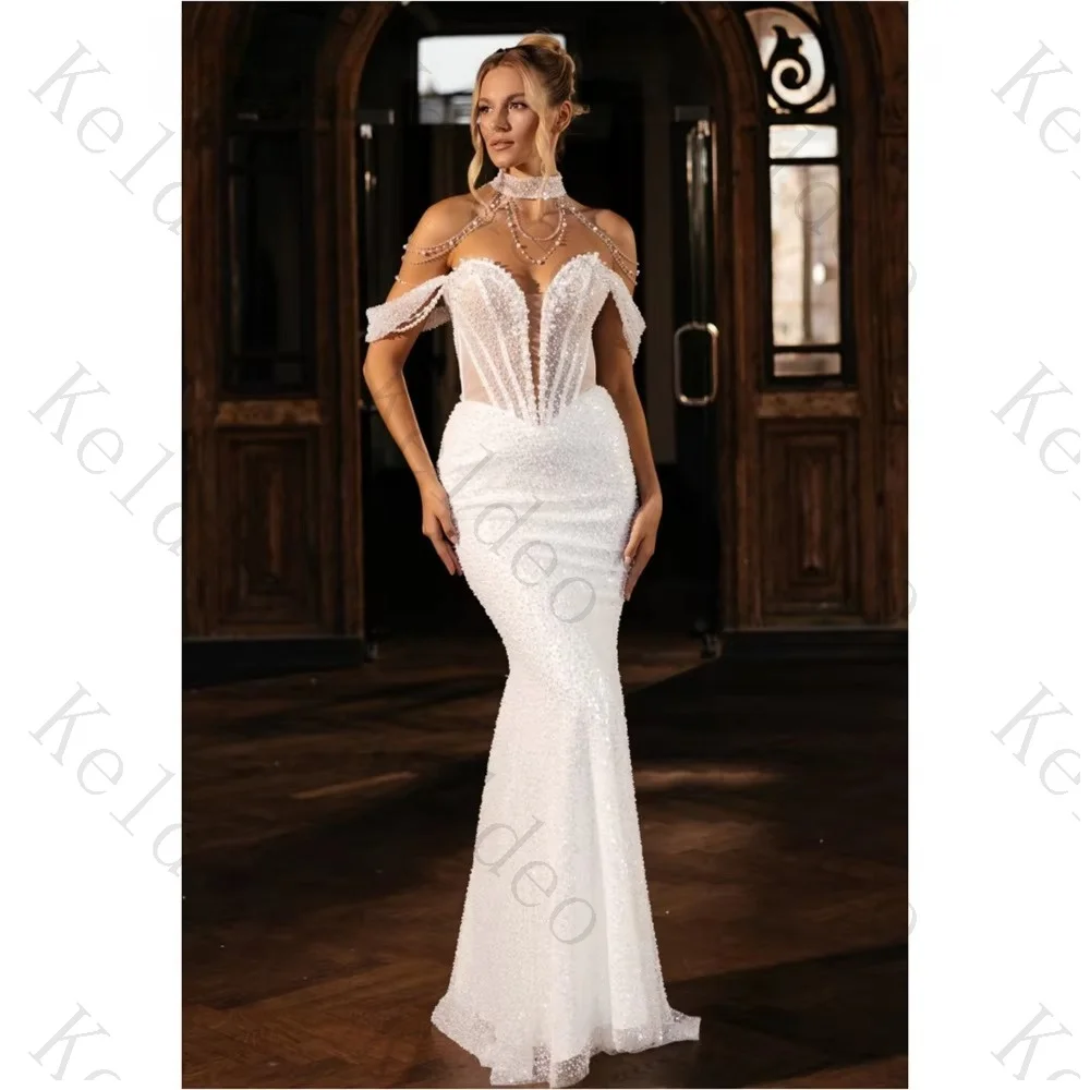 Customized Off The Shoulder Sweetheart Mermaid  Sleeveless Wedding Dresses Pearl Sequin Lace Up Backless Floor Length Bride Gown