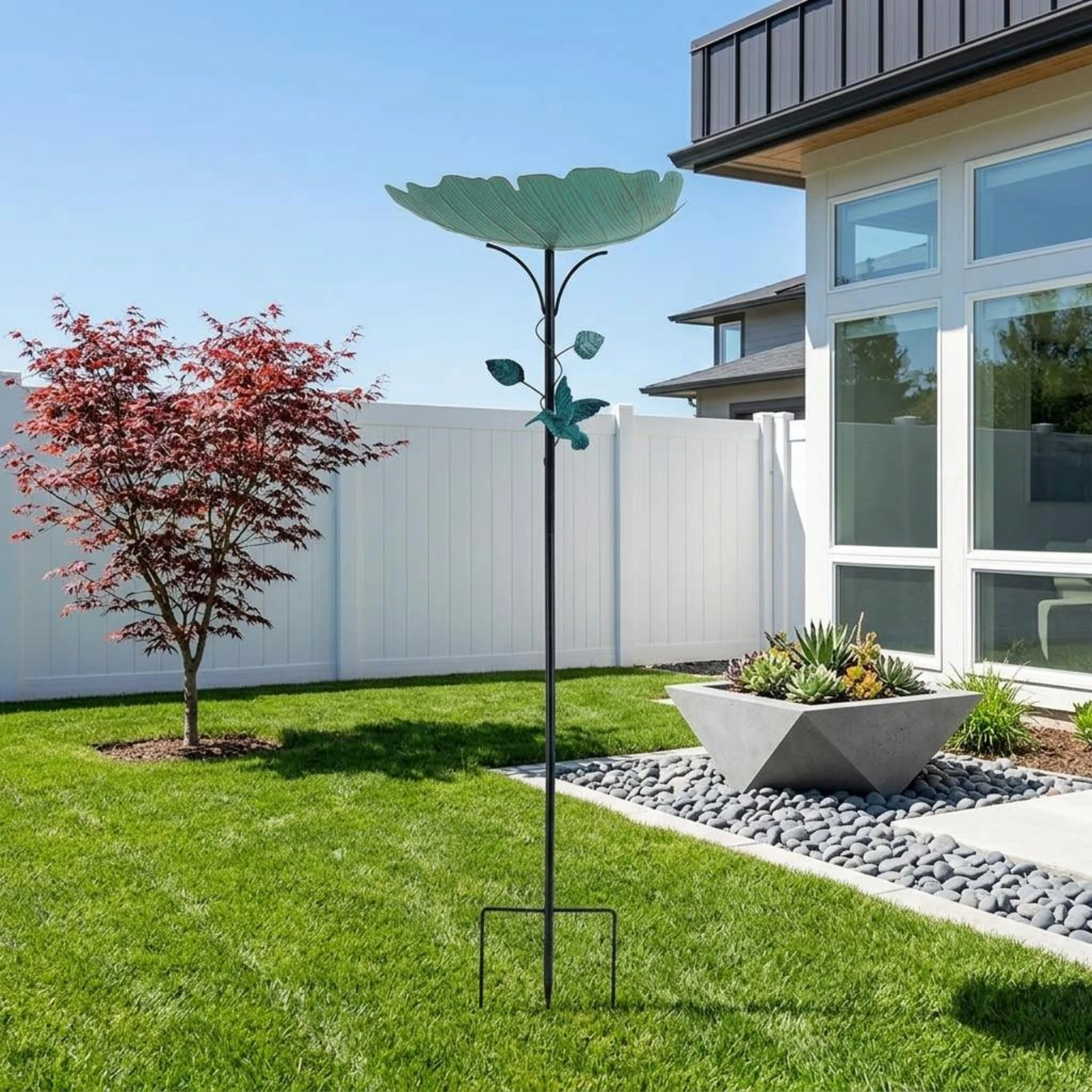 Bird Bath Stake Iron Metal Bird Bath Stake Garden Ornament Plant-Inspired Outdoor Decor Slender Pole view 4