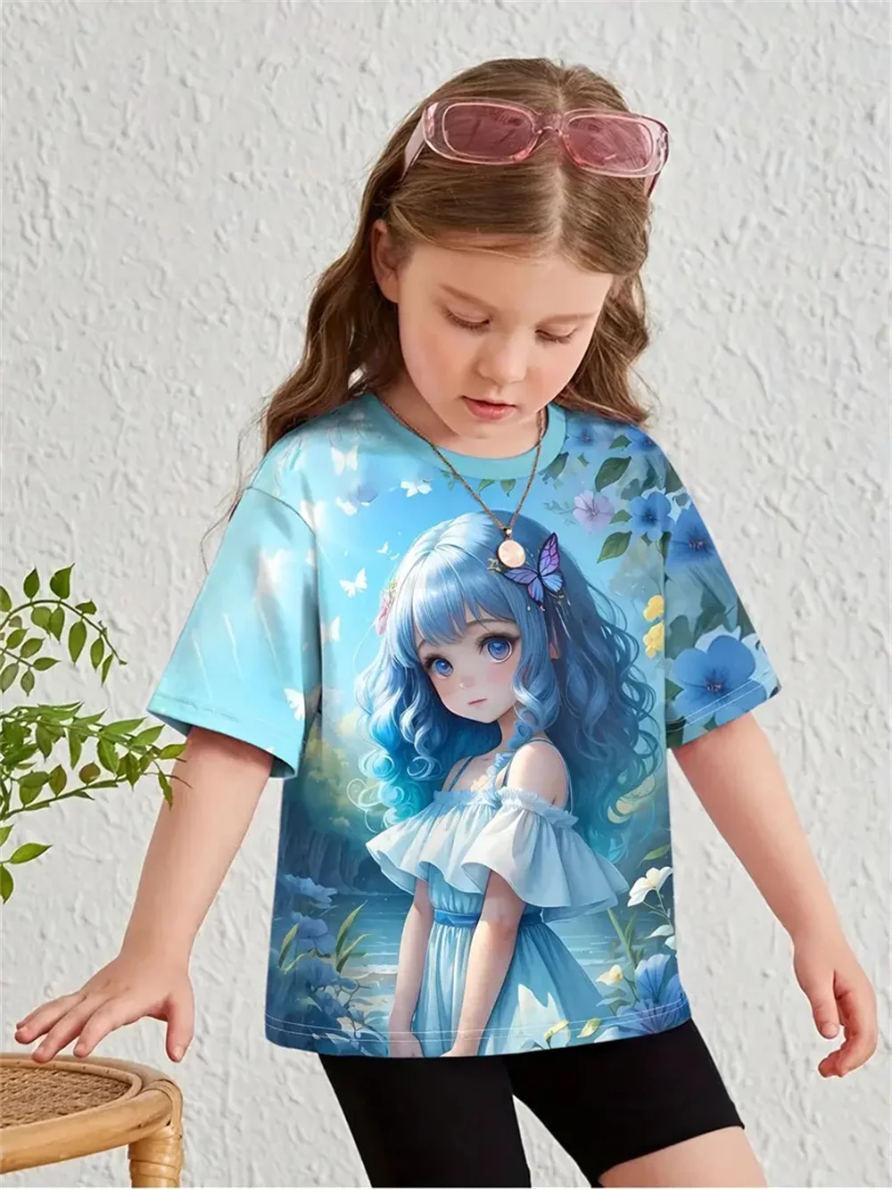 Camiseta infantil de manga curta estampada em 3D, tops casuais das meninas, roupas infantis, moda verão