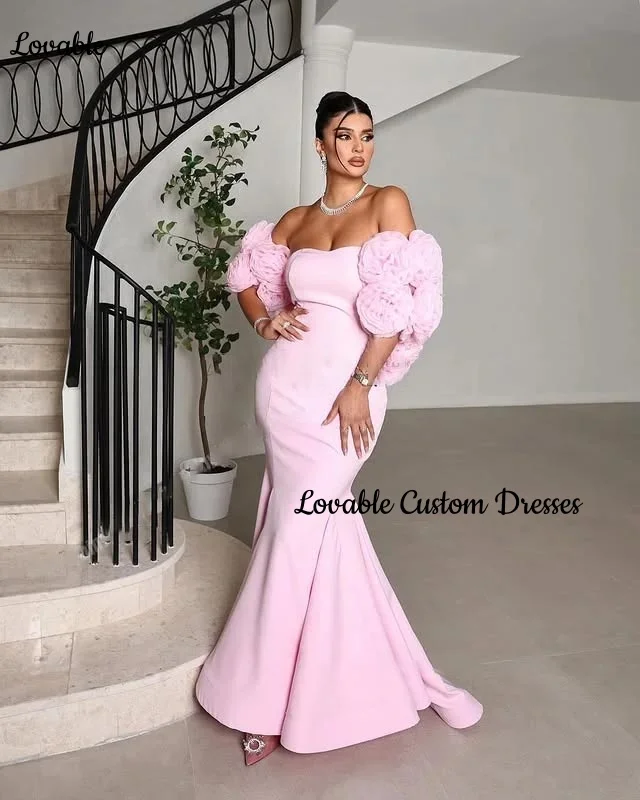 Customized فساتين سهرة Mermaid Strapless Floor-Length Flowers Luxury Evening Dresses Zipper Up Short Sleeves Dresses For Special