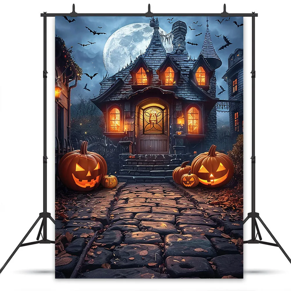 Halloween Night Background Photography Horror Haunted House Pumpkin Lantern Black Stone Road Backdrop Kids Holiday Party Studio