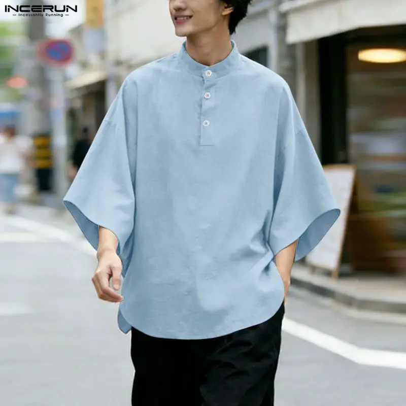 Men's Shirt Solid Color Stand Collar 3/4 Sleeve Menswear Clothing Streetwear Loose Tops Stylish Casual Shirts For Man INCERUN