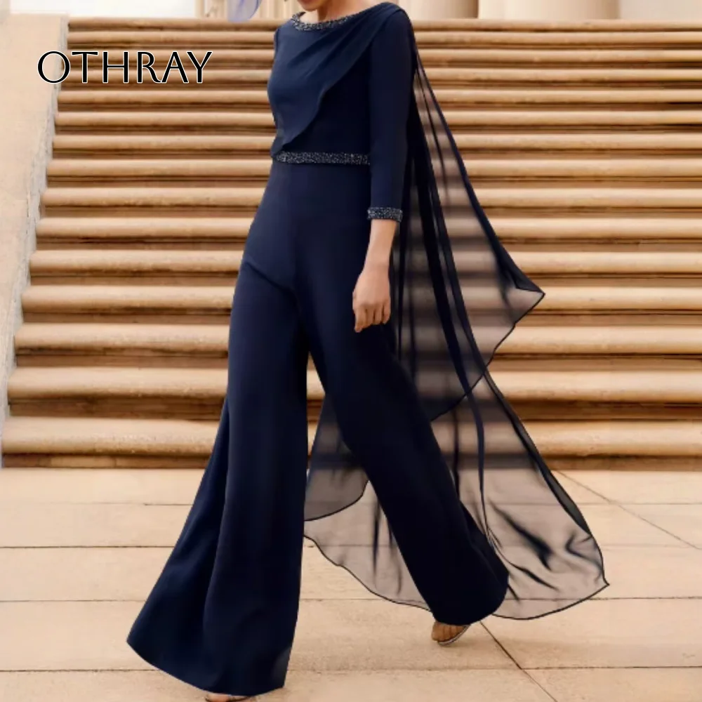 A-Line Beads Chiffon 3/4 Sleeve Long Groom Mother Dresses For Weddings Jumpsuits Plus Size Mother Of The Bride Dresses