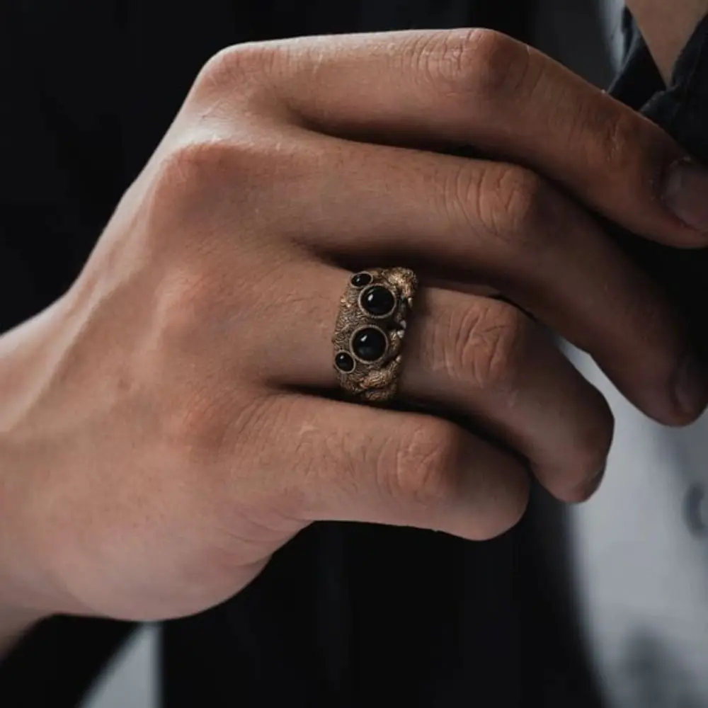 Black Agate Jumping Spider Ring Personalized Electroplated Copper Animal Open Rings Fashion Adjustable Opening Statement Ring