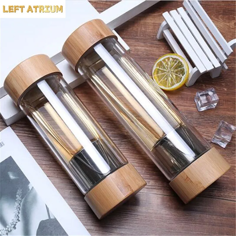 300ml 400ml Travel Glass Water Bottle with Stainless Steel Tea Infuser Filter Double Wall Glass Sport Water Tumbler Bamboo Lid