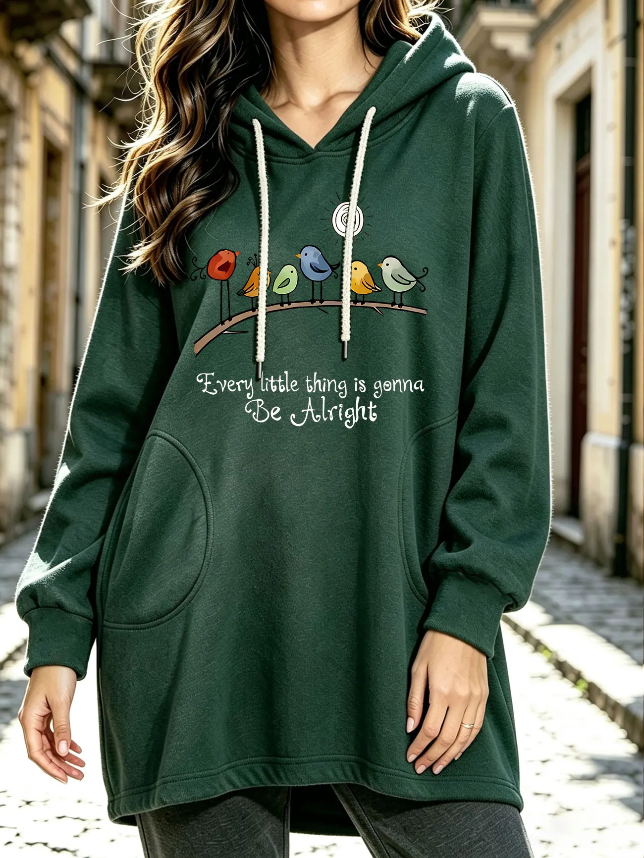 Women Autumn Winter Hoodie, Birds on Branch Pattern with Every Little Thing Is Gonna Be Alright Print Casual Hooded Sweatshirt