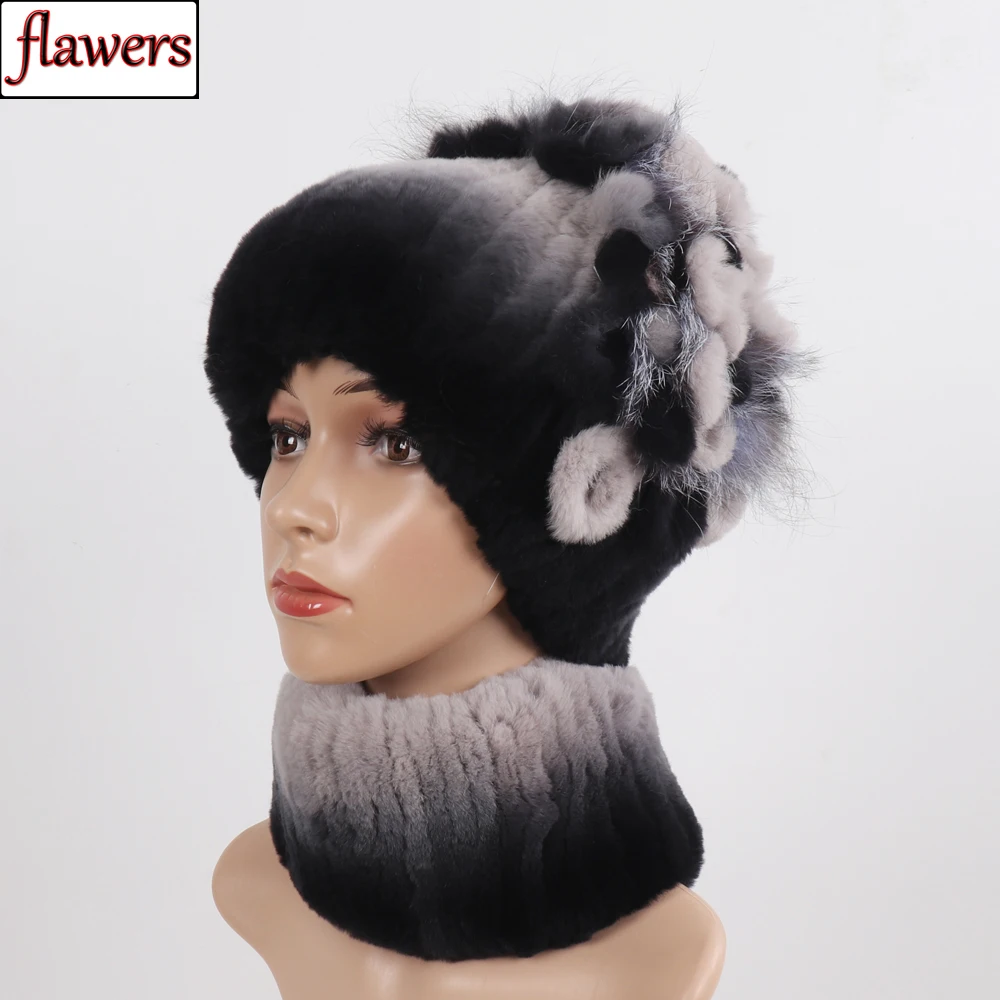 

Lady Fur Hats Muffler 2 Pieces Knitted Women Warm Rex Rabbit Fur Hat Scarf Sets Winter Natural Rex Rabbit Fur Cap Scarves