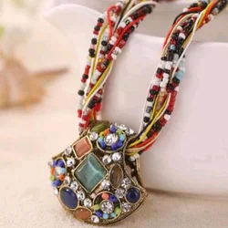 Bohemian Statement Beaded Vintage Jewelry Turquoise Rhinestone Vintage natural stone Necklace for Women Pendent Collar Necklace