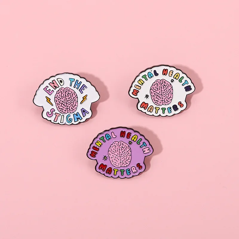 Mental Health Enamel Pins Brain Brooches Lapel Metal Bag Badges Quotes End the Stigma Jewelry Gift for Kids Friends Wholesale