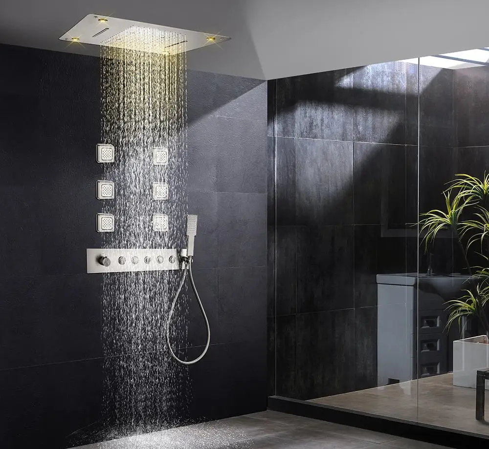 

Bathroom Luxury Black Shower Faucet Mixer Valve Combo Set Wall Mounted Rainfall Shower Head System with Hand Shower and Body Jet