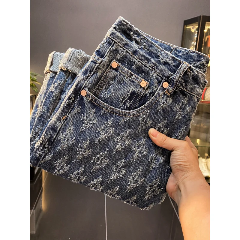 

American high street jacquard embroidered jeans men in autumn and winter, trendy and high-end, loose and retro casual pants