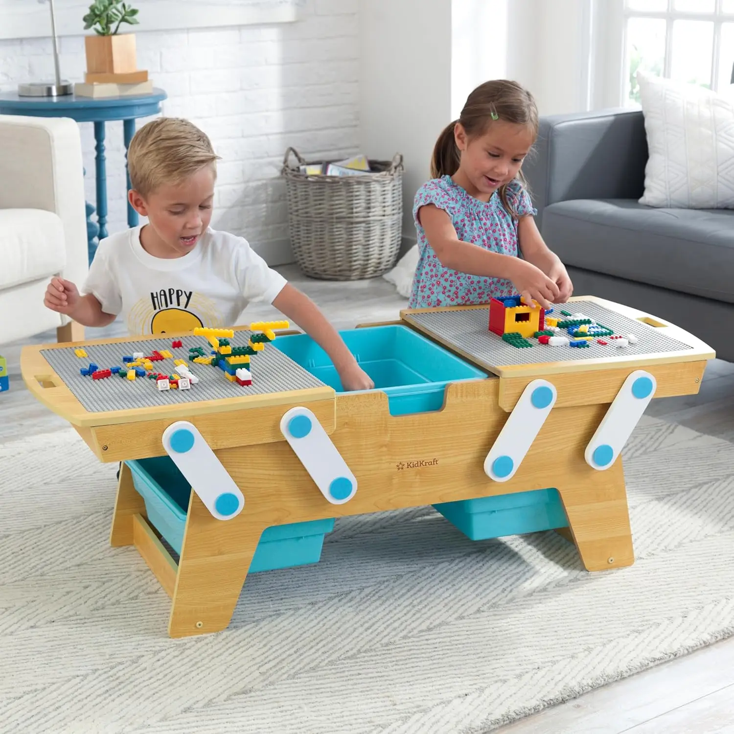 Tijolos de construção Play N Store Mesa de madeira, armazenamento de brinquedos infantis com caixas, mais de 200 blocos de construção incluídos, natural