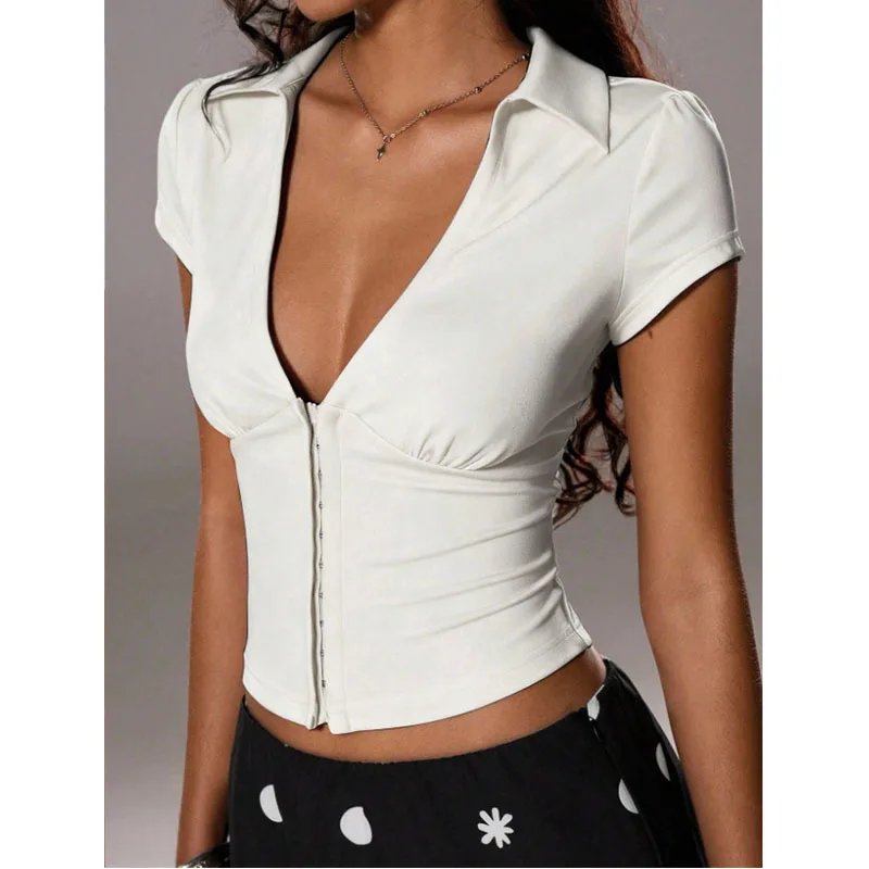

Women V-neck Buttoned Stretch Slim Fit Cropped T-shirt Exposed High-waisted Short-sleeved Tops