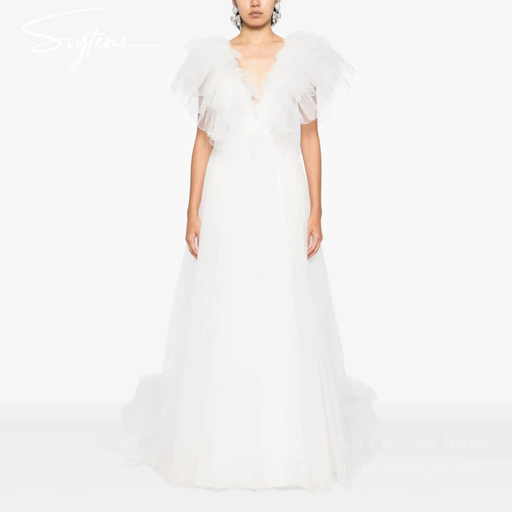 

SSYTENS Puffy Tulle Wedding Dresses Sexy V-Neck Tiered Floor-Length Bridal Party Gowns Fluffy Formal Pageant Dresses Bride Dress