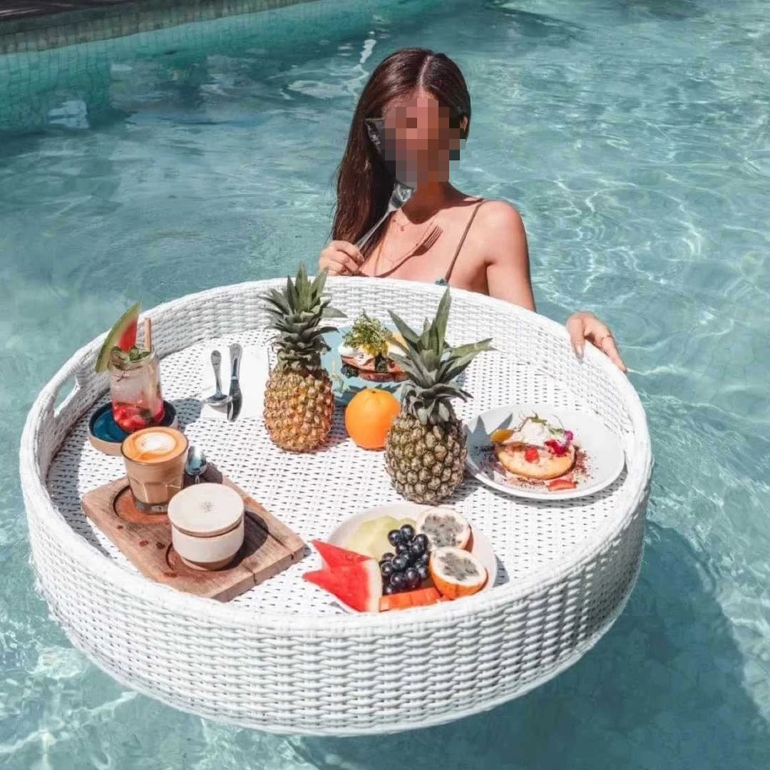 Rattan floating round water tray Bali Vietnam breakfast basket B & B villa swimming pool fruit tray