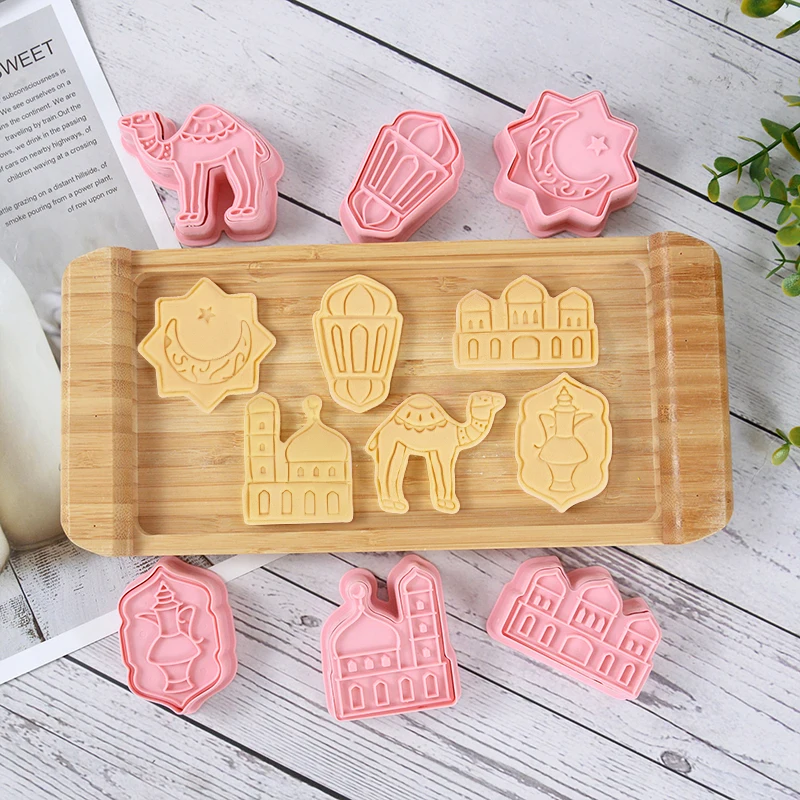 6/8Pcs Eid Mubarak Biscuit Mold Cookie Cutter Set Moon Star Mosque Camel Stamp DIY Cake Baking Tools Ramadan Eid Al-Fitr Decor