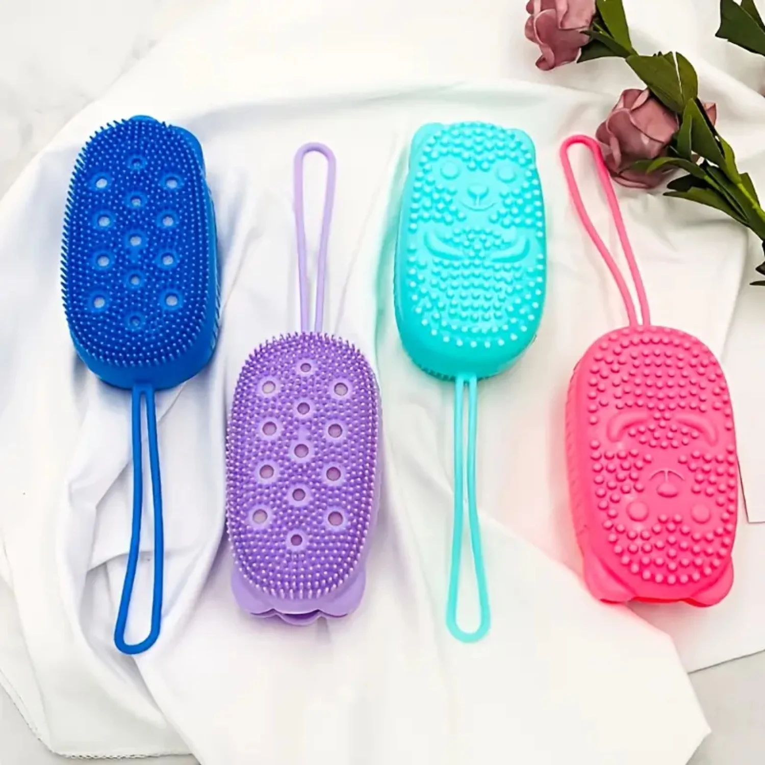 1pc Cute Bear Shaped Silicone Bath Scrubber, Gentle Body Exfoliating Shower Scrub Bath assesories Rose petals dried Scrubs wash