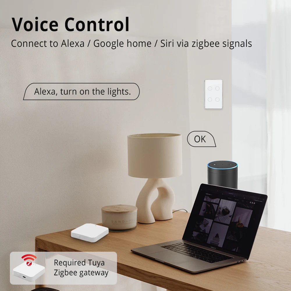 Zemismart Tuya Zigbee Interruptor Neutral 1 2 3 4 Gangs Wall Light Touch Switch Support Homekit Siri Alexa Google Home Control