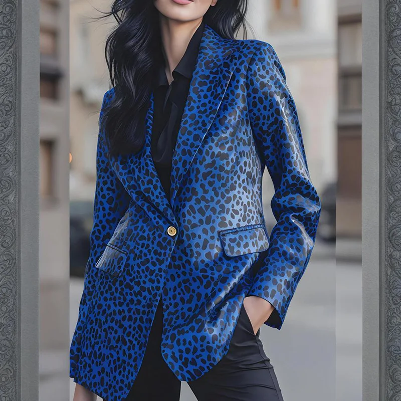 

2025 Blue Leopard Print Slim Blazer Jacket Temperament Versatile Premium Top Fashion Outerwear Office Wear Casual Street Style