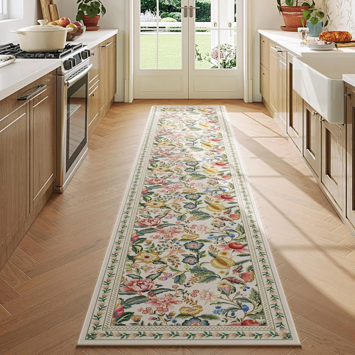 Floral Hallway Runner Rug Flower Botanical Soft Long Carpet Non-Slip Bedroom Floor Mat Washable Rugs for Bedside Laundry Room