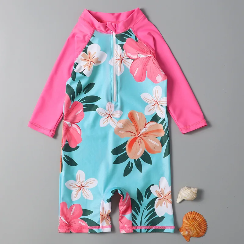 HappyFlute One-piece Flowers Print Zipper Design Breathable Waterproof Baby Girls Swimwear For Summer