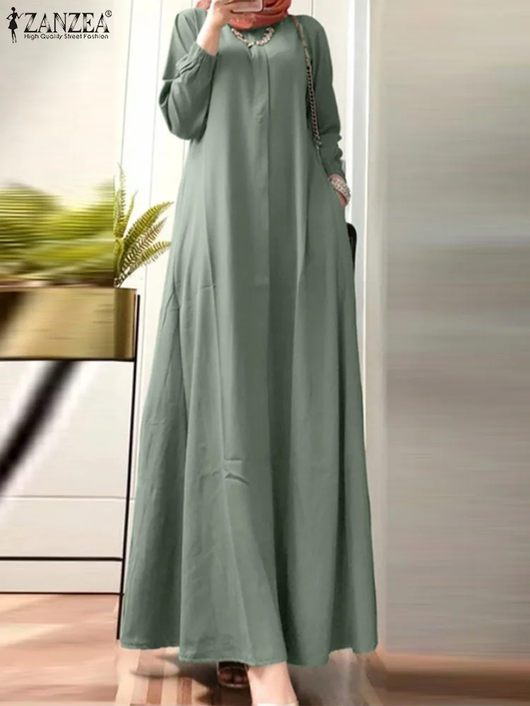 ZANZEA Fashion Casual Muslim Dress Women Puff Sleeve Dresses Autumn Elegant O-Neck Solid Color Sundress Holiday Long Robe 2023