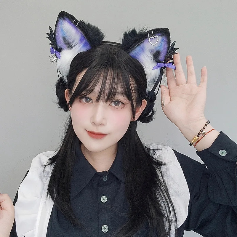 Tocado de felpa con orejas de gato para niña, diadema gótica de Lolita, accesorio de Cosplay del diablo de Halloween, tocado japonés Harajuku JK, color morado y negro