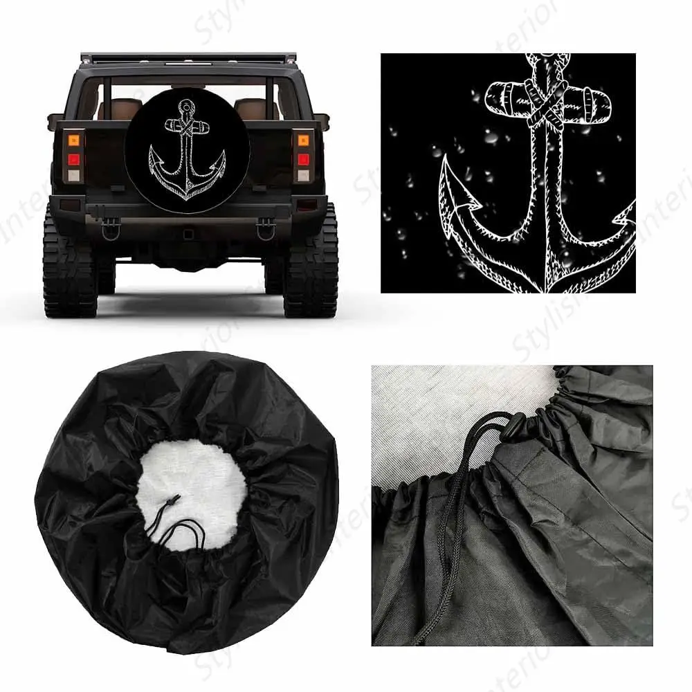 Anchor Pattern Spare Tire Cover Ocean Nautical Ship Anchors Retro Black Weatherproof Universal Wheel Protectors Camper