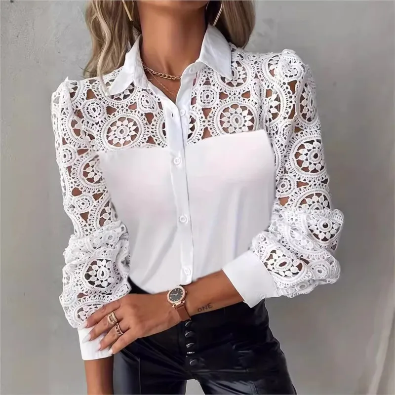 Women Bluses Autumn Hollow V-neck Unique  Shirt Elegant Turn Down Collar Lace Panel Blouses Femme Blusas Camisa Social Feminina