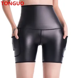 TONGUO Womens Stretchy Jeggings Faux Leather Legging Pants with Pockets Body Shaper High Waist Leather Shorts Leathers Shapewear