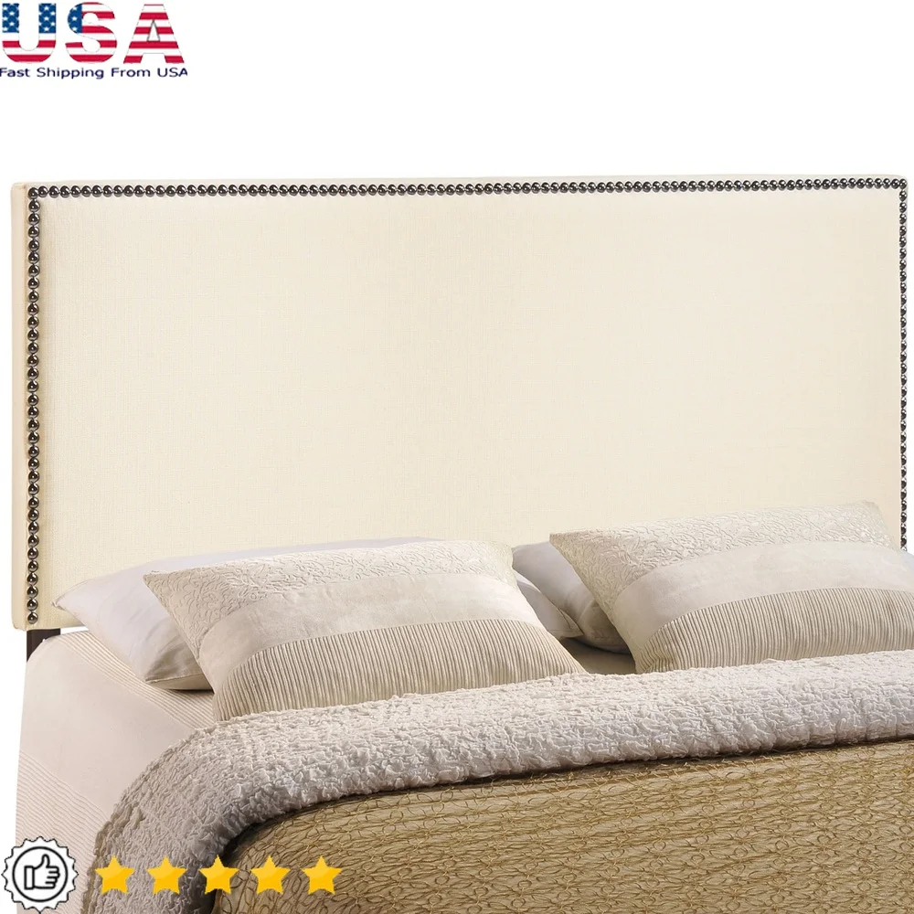 

King Size Upholstered Headboard with Nailhead Trim Adjustable Height Fabric Contemporary Design Bedroom Decor