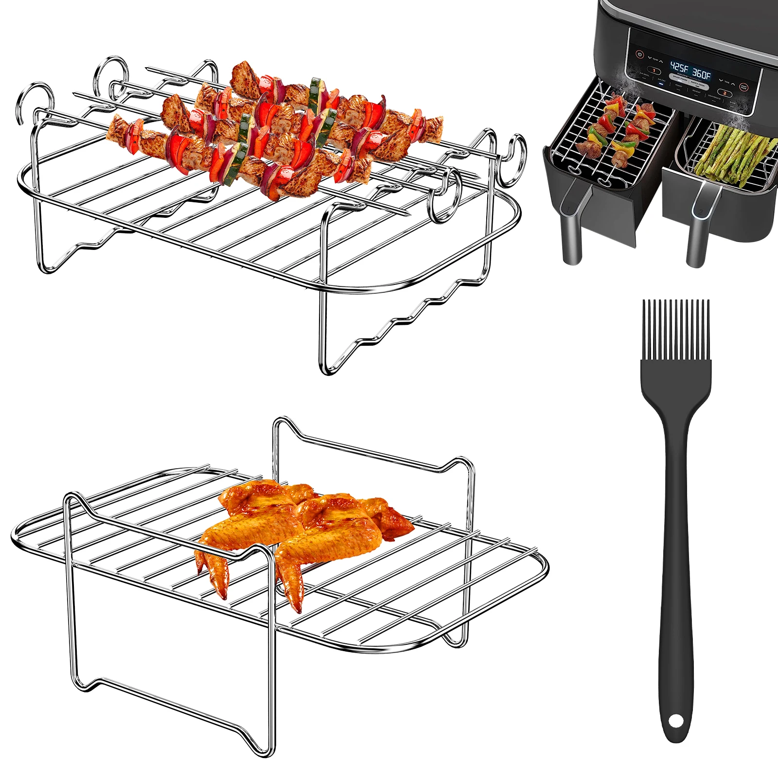 2Pcs Air Fryer Rack with 4 Barbecue Sticks for Double Basket Air Fryers 304 Stainless Steel Grilling Rack Air Fryer Accessories