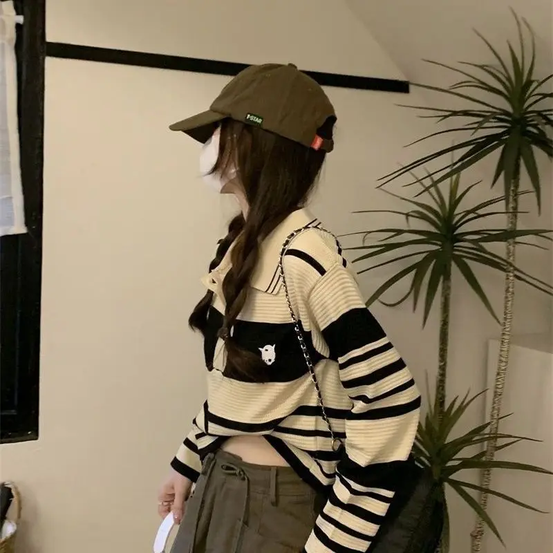 Polo Neck Striped Sweater Spring and Autumn New Niche Long-sleeved T-shirt Female Slim Top