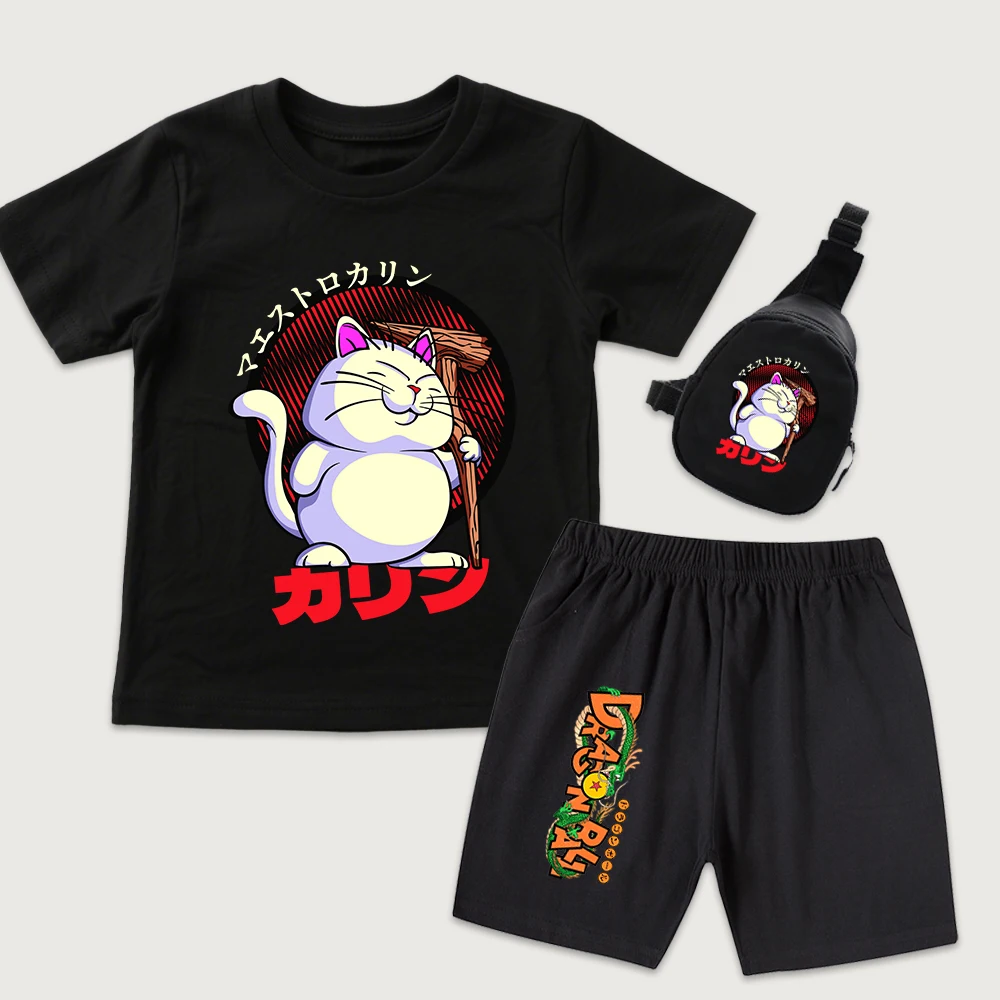 Conjunto de Camiseta y Pantalones Cortos de Algodón con Estampado de Anime Dbz Karin para Niños, con Mini Bolsa de Pecho, Atuendo Casual de Verano para Niños y Niñas, 3 Piezas