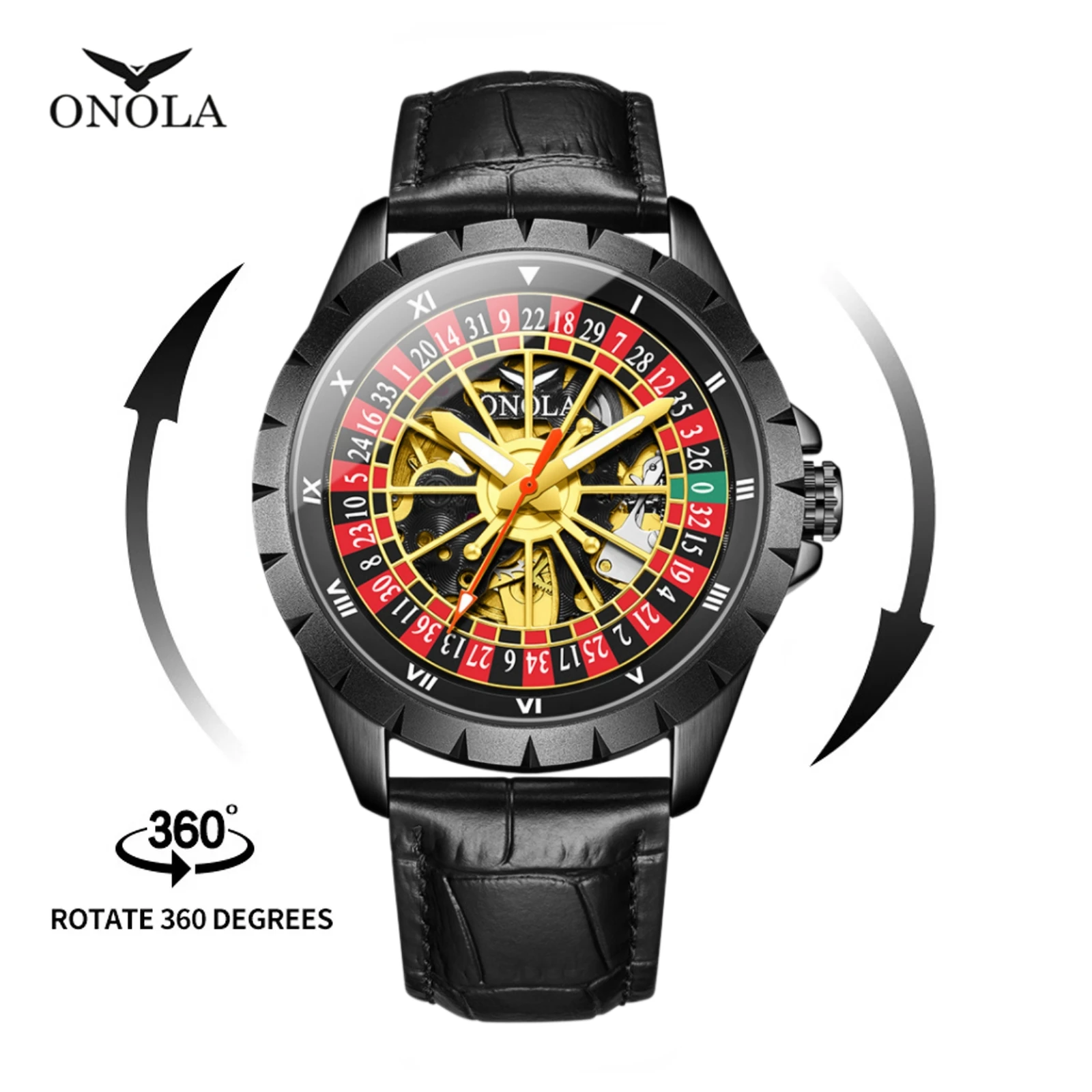 

Мужские автоматические часы ONOLA 3869: Роскошные механические часы с креативным вращающимся циферблатом-рулеткой, водонепроницаемые.