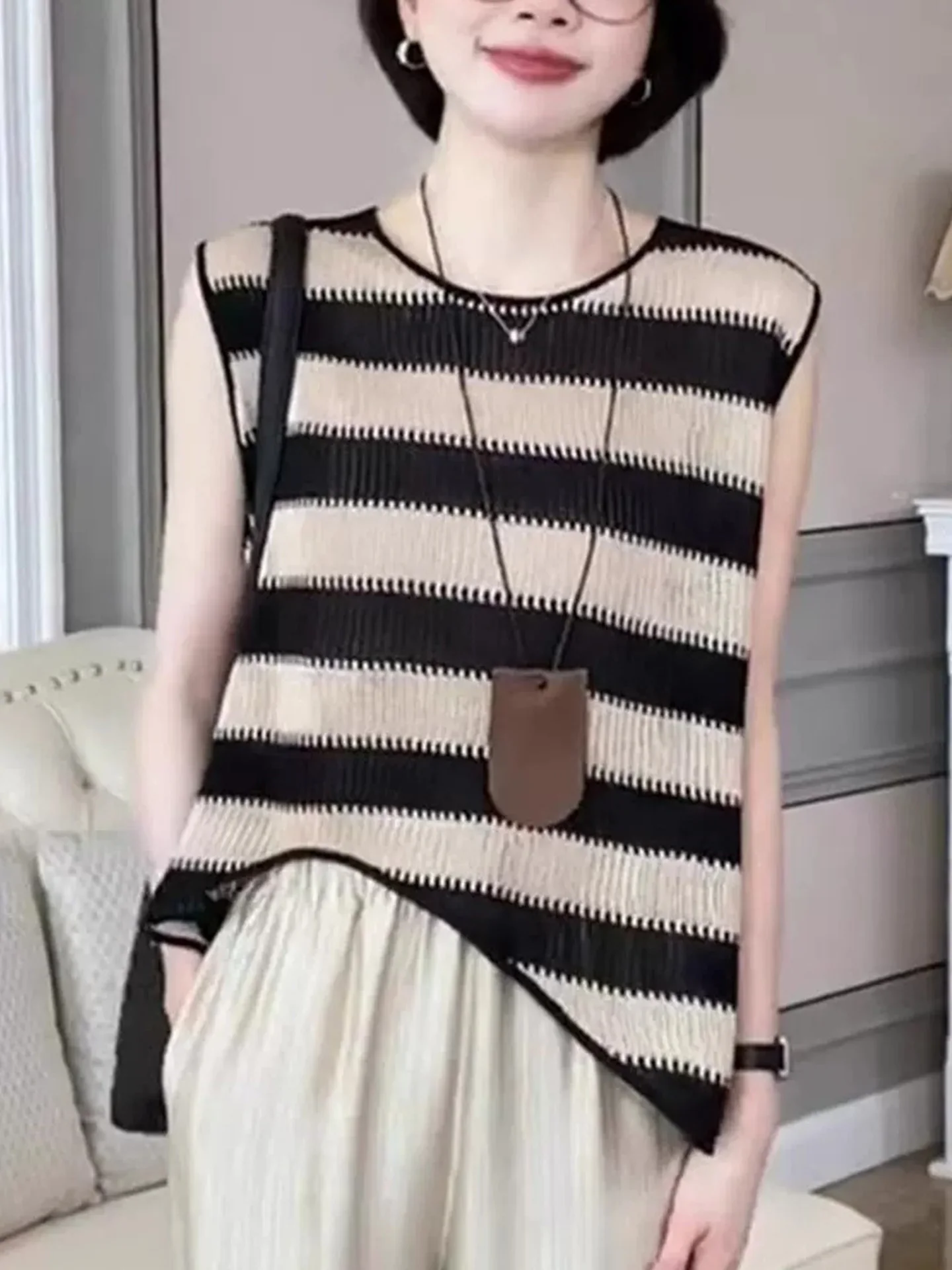 Chaleco de punto a rayas de Color a la moda, Top de verano 2025, Top de Svel para mujer, versión coreana de corte recto