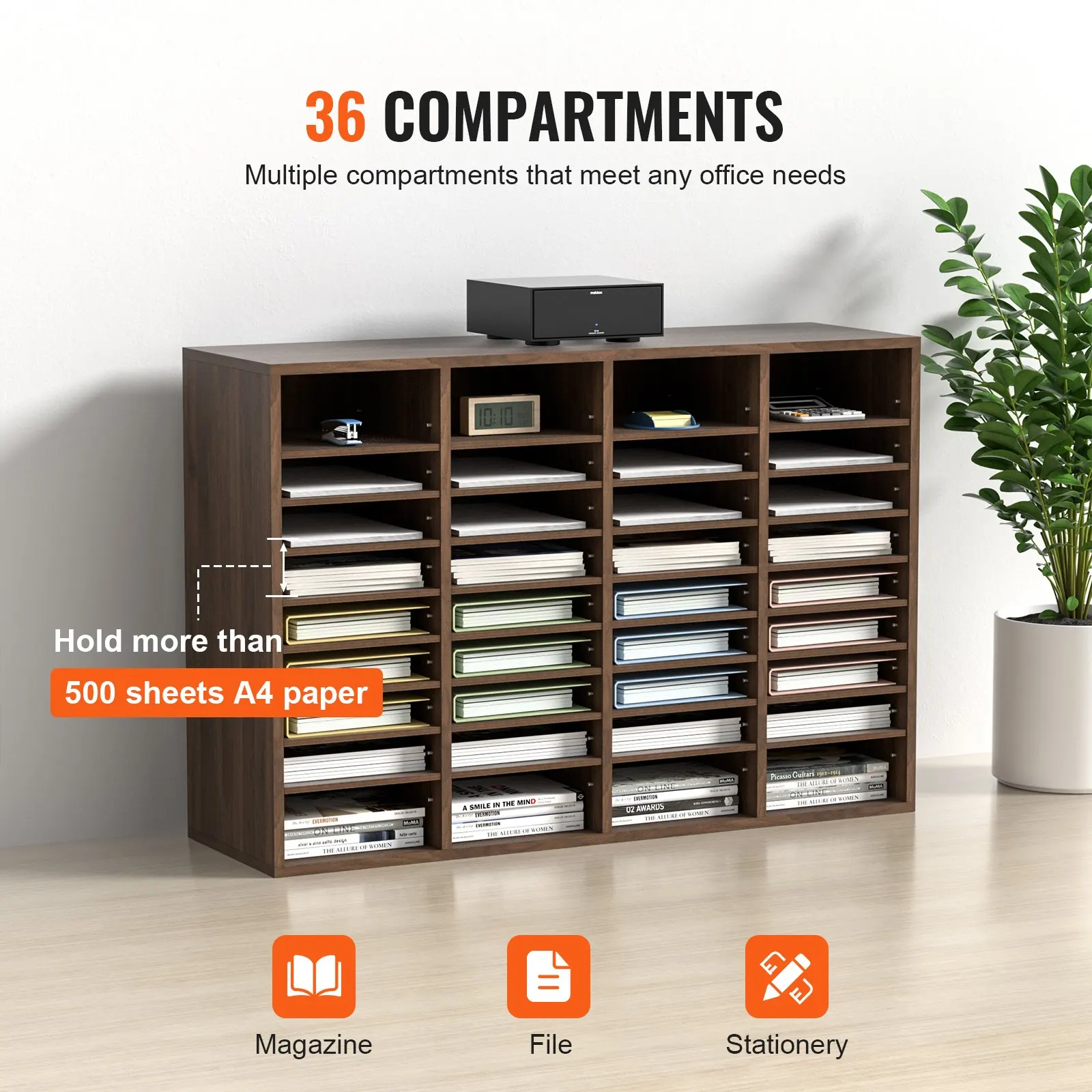 Organisateur de bureau en MDF à 36 compartiments, 997x305x680mm, marron vintage, meuble de rangement pour documents, trieur de papier pour bureau et salle d'étude