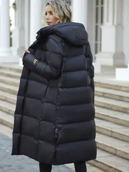 Doudoune longue à capuche pour femme, manteau en coton noir, streetwear chaud, vêtements d'extérieur en plumes, garder l'épaississement, femme, hiver, mode, 2024